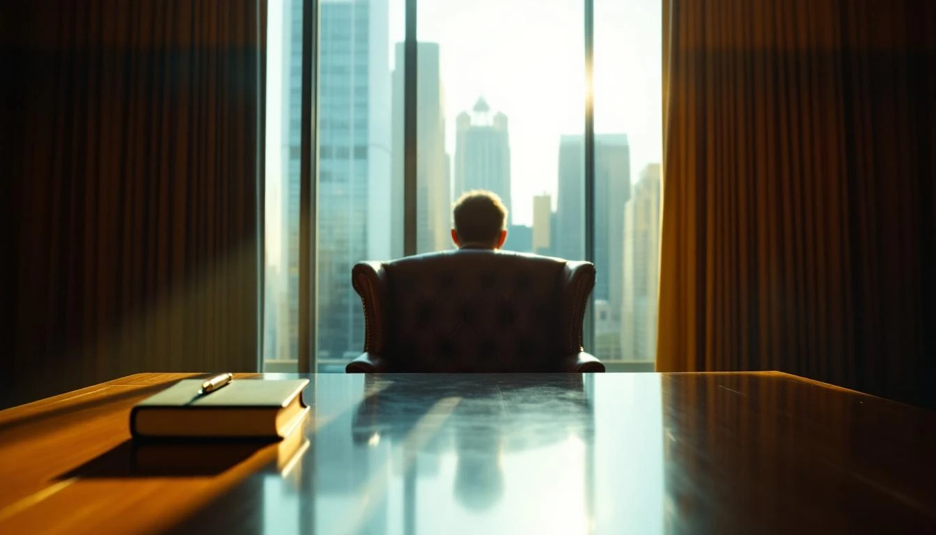 Senior partner boardroom, warm golden hour light